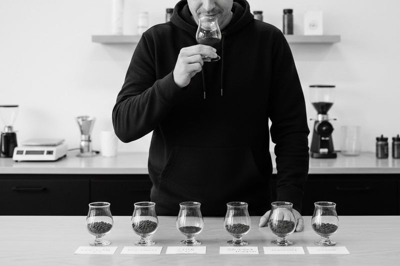 Man smelling single origin coffee beans in a glass